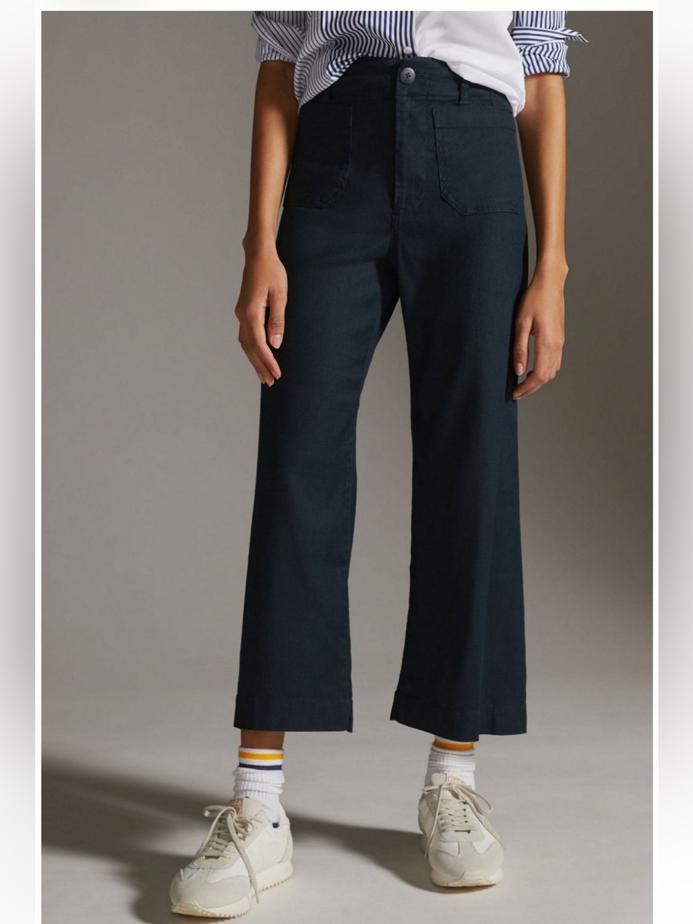 Maeve Colette Cropped Linen Wide Leg Pants, Navy Blue, Size 24P